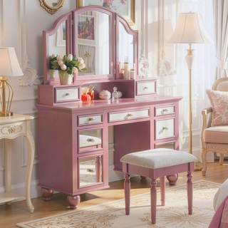 Sunvega Rose Gold Finish Transitional Vanity Set with 3-Sided Mirror and Storage