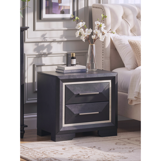 Sunvega Modern Black Wood Veneer Nightstand with Two Drawers for Bedroom