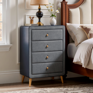 Sunvega Light Grey Upholstered 5-Drawer Chest with Wooden Tapered Legs for Bedroom