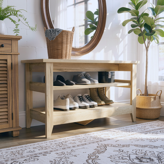 Sunvega Light Oak Storage Bench with Two Open Shelves and Four Legs