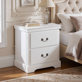 Sunvega Traditional White Wooden Nightstand with 2 Dovetail Drawers and Satin Nickel Handles