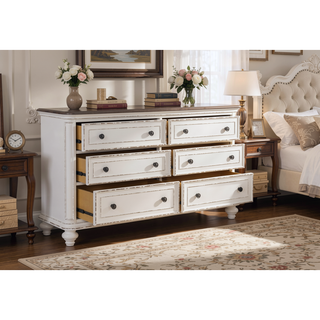 Sunvega Antique White and Brown-Gray Finish Nightstand with Black Knobs and Dovetail Drawers