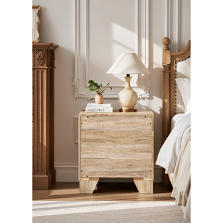 Sunvega Natural Finish Nightstand with Two Spacious Drawers and Tapered Legs