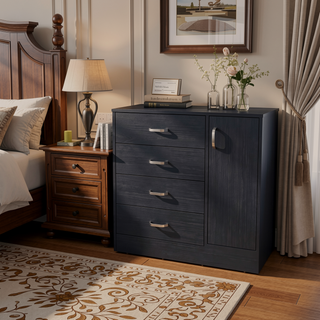 Sunvega Modern Wenge Dresser with 4 Spacious Drawers and Side Cabinet Shelf