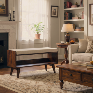 Sunvega Solid Mango Wood California Walnut Finish Bench with Mud Linen Upholstered Seat Pad