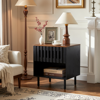 Sunvega Mid Century Modern Nightstand with Grille Striped Doors and Metal Legs