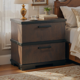 Sunvega Brown Black Finish 2-Drawers Nightstand Modern Industrial Bedroom Furniture