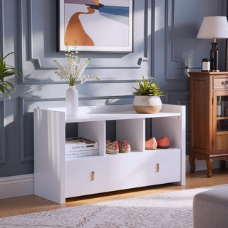 Sunvega White Entryway Shoe Bench with Three Shelves and One Storage Drawer