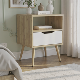 Sunvega Natural Oak and White Modern Nightstand with Drawer and Open Shelf