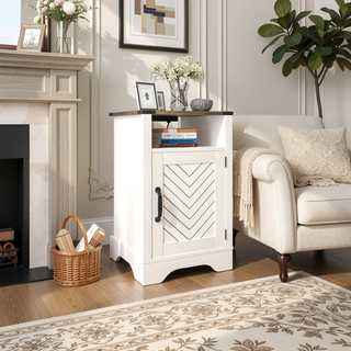 Sunvega White Oak Farmhouse Nightstand with Charging Station and Ample Storage
