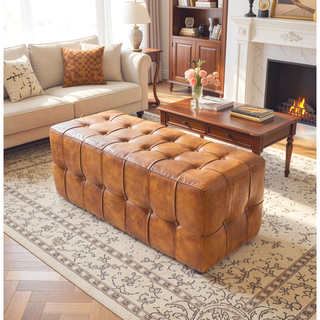 Sunvega Genuine Tan Leather Bench with Teak Frame for Living Room Bedroom