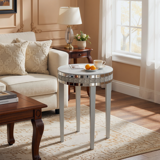Sunvega Diamond-Cut Round Mirror Breakfast Table with Tempered Glass Top for Small Spaces
