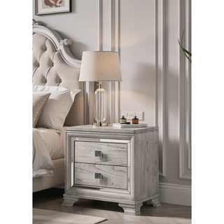 Sunvega Light Gray Finish Contemporary Nightstand with Two Drawers and Bevel Mirror Accents