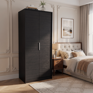 Sunvega Double Door Wardrobe with Hanging Rod and Shelves for Bedroom Black
