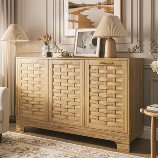 Sunvega Mid-Century Wood Storage Cabinet with 3 Woven Doors and Adjustable Shelf