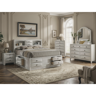 Sunvega Contemporary Neutral White Finish Curved Drawer Fronts Nightstand