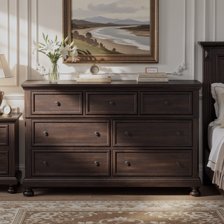 Sunvega Seven Drawer Dresser with Storage in Dark Cherry Finish