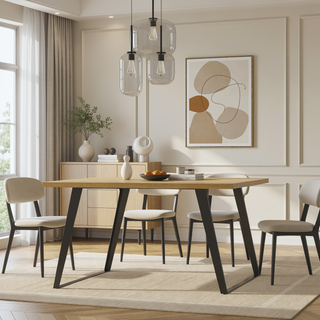 Sunvega Handcrafted Modern Industrial Square Dining Table for 8 with Solid Wood Oak Veneer