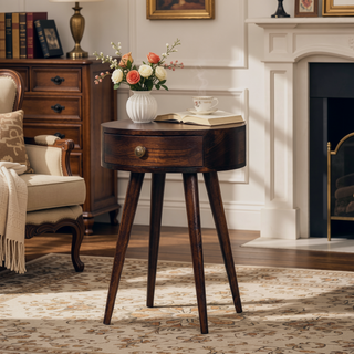 Sunvega Solid Wood Nordic California Walnut Circular Bedside Table with Drawer