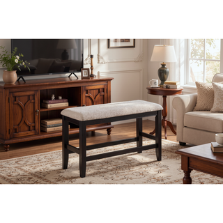 Sunvega Farmhouse Style Espresso Brown Faux Leather Upholstered Bench with Footrest