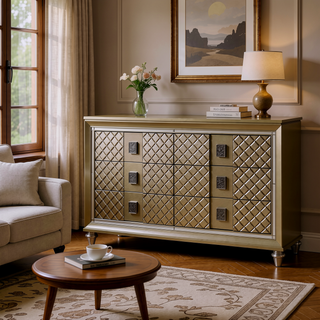 Sunvega Glamorous Champagne Finish Nightstand with 2 Dovetail Drawers and Beveled Mirror Trim