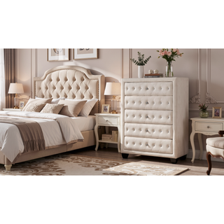 Sunvega Sophia Cream Velvet Upholstered Crystal Tufted 5-Drawer Chest for Bedroom