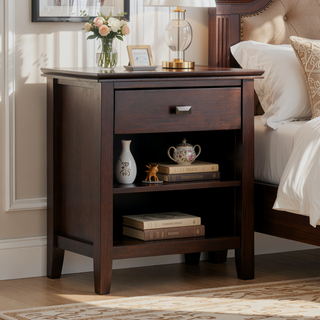 Sunvega Handcrafted Russet Brown Solid Wood Transitional Bedside Table with Drawer