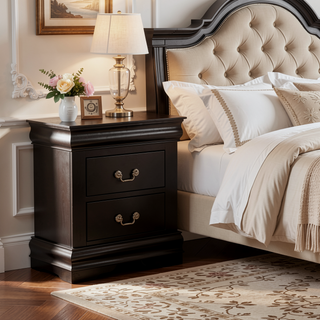 Sunvega Black Solid Wood Nightstand with Two Drawers and Nickel Handles
