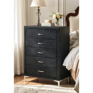 Sunvega Glam Style Black Finish Two Drawers Nailhead Tufted Nightstand with Tempered Glass