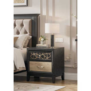 Sunvega Modern Nightstand with Two Drawers and Unique Wood Pattern in Black