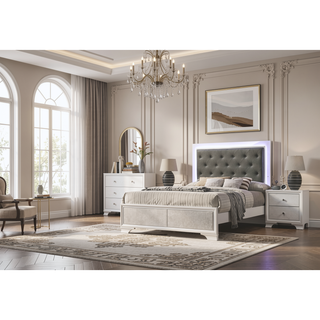 Sunvega Modern Glam White Crocodile Texture Two Drawer Nightstand with Crystal Pulls