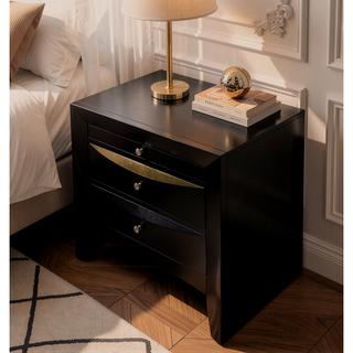 Sunvega Black Finish Nightstand with Two Spacious Drawers and Sleek Nickel Knob
