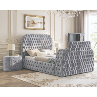 Sunvega Oval Faux Marble Top Nightstand with Two Drawers and Button Tufted Black Fabric