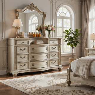 Sunvega Silver Finish European Design Nightstand with Genuine Marble Top