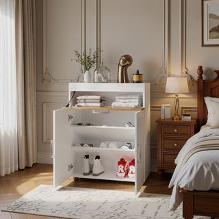 Sunvega White and Oak Lift-Up Compartment Shoe Rack with Concealed Storage