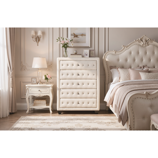Sunvega Sophia Cream Velvet Upholstered Crystal Tufted 5-Drawer Chest for Bedroom