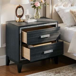 Sunvega Weathered Black Modern Glam 2-Drawer Nightstand with Safety Stop Mechanism