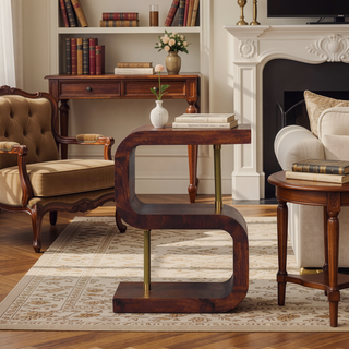 Sunvega Solid Mango Wood Modern Art End Table with 2 Brass Bars