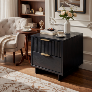 Sunvega Modern Glam Nightstand with Gold Steel Handles and Solid Wood Drawers