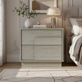 Sunvega Modern Whitewashed Oak Nightstand with Two Push Open Drawers for Bedroom