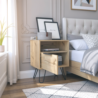 Sunvega Light Oak Nightstand with Hairpin Legs and Drawer for Bedroom or Living Room