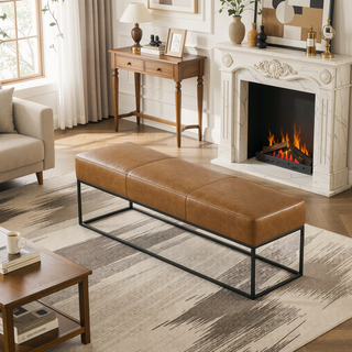 Sunvega Teak Wood Leather Bench with Metal Base and Padded Seat