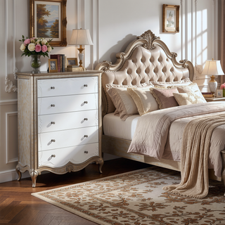Sunvega Antique Champagne Chest with Five Mirrored Drawers and Crystal Knobs