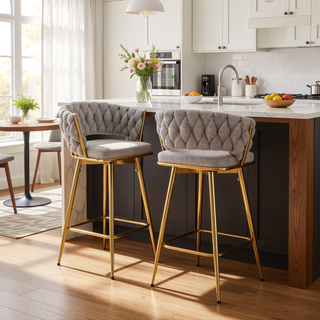 Sunvega 360 Swivel Bar Stools with Cotton Linen Cushions and Electroplated Metal Frame