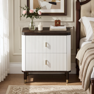 Sunvega Modern White and Brown Nightstand with 2 Slatted Drawers and USB Port