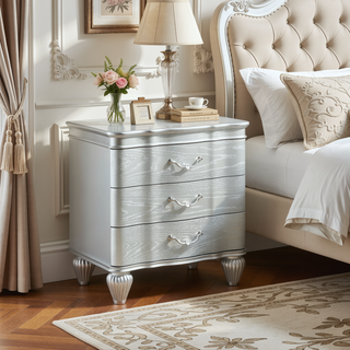 Sunvega Silver Wood Nightstand with Three Metal Drawer Pulls in Landmark Traditional Style