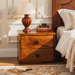 Sunvega Solis Collection Solid Mango Wood Wall Mounted Nightstand with Two Drawers
