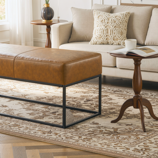 Sunvega Teak Wood Leather Bench with Metal Base and Padded Seat