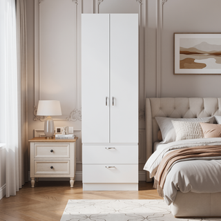 Sunvega 76 Inch High Armoire Wardrobe with 2 Drawers Double Door and Hanging Rod