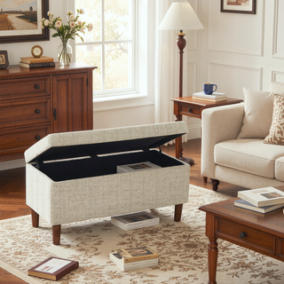 Sunvega Cream Chevron Woven Fabric Storage Bench Ottoman with Hardwood Frame